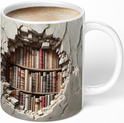 Whimsical Library Bookshelf Coffee Mug – Perfect Ceramic Gift for Avid Readers and Book Lovers